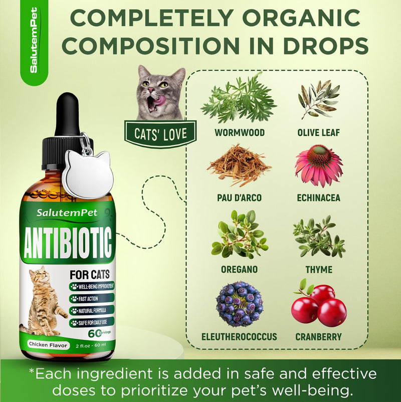 Set of Cat Probiotic & Cat Antibiotic + Pendant – Probiotics for Digestion & Stomach Support – Antibiotics for Bladder & Kidney Function – General Wellness & Complex Care – 2 oz x 2 Chicken Flavor