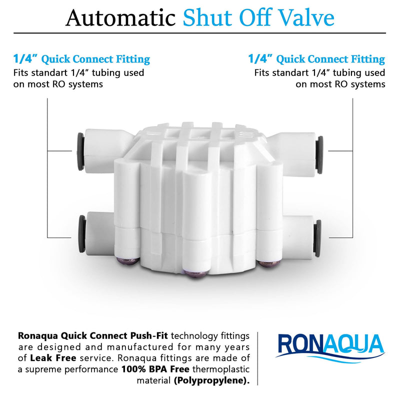 Automatic Shut off Valve Quick Connect 1/4" Inch Fittings for Water Filters/Reverse Osmosis RO Systems by Ronaqua Automatic Shut off Valve