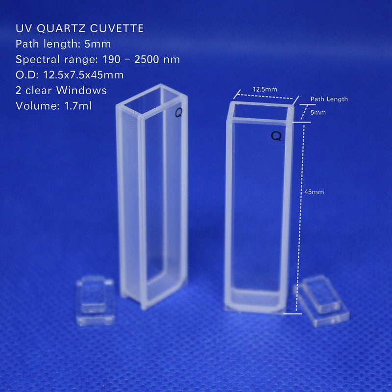 UV Quartz 5mm Cuvette for Spectrophotometer (2pcs) Quartz Cuvette/Cell 5mm(Pathlength: 5mm; Volume: 1.7ml; Spectral Range: 190-2500 nm)