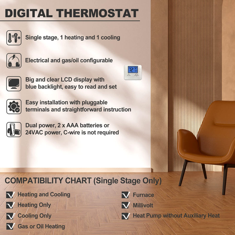 ELECTECK 2 Pack Non-Programmable Digital Thermostat for Home, up to 1 Heat/1 Cool with 4.5 sq. inch Display, Compatible with Single Stage Electrical and Gas/Oil System, White