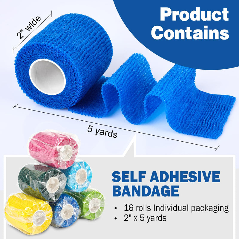 AZEN 16 Pack Self Adhesive Bandage Wrap, 2" X 5 Yards Elastic Cohesive Bandage Wrap, Color Athletic Tape, Vet Wrap, Ankle Tape, Tattoo Grip Tape Wrap B-16color 2IN