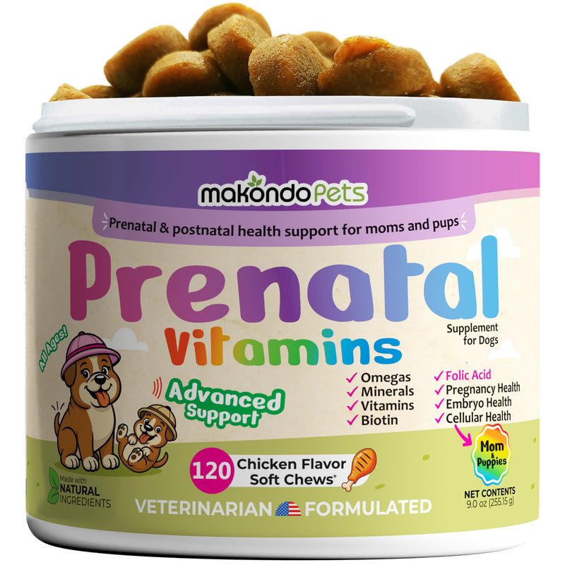 Dog Prenatal Vitamins – 120 Soft Chews Multivitamin, Folic Acid, Zinc, B-Complex, DHA & EPA Omegas and Probiotics Supplement for Pregnant, Nursing Breastfeeding pet – Mom & Puppy Vitamin Formula.