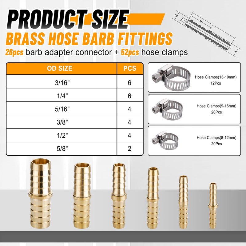 26PCS Brass Hose Barb Fitting,Barb Splicer Mender Hose Fittings 3/16" 1/4" 5/16" 3/8" 1/2" 5/8" with 52Pcs Stainless Steel Pipe Hose Clamps for Air/Fuel/Water/Oil Hose 26pcs barb splicer