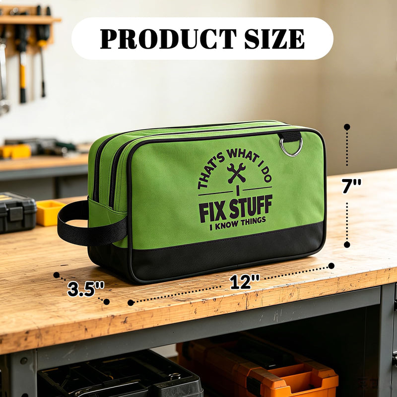 Small Tool Pouch, Zipper Tool Pouch 2 Compartments, Utility ToolBag with Carrying Handle, Heavy-Duty Tool Bag Organizer, Screwdriver Storage Tool Box, Electrician Mechanic Men Dad Gifts (Green) Green
