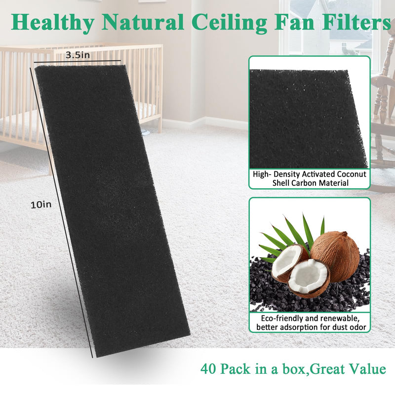 40 Pack Ceiling Fan Filters for Blades, Activated Carbon Fan Filter Pads Rectangle 40 Count