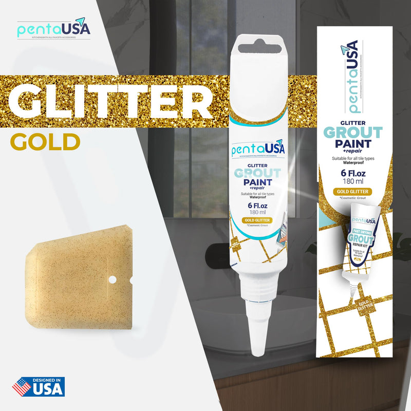 PentaUSA Tile Grout - Glitter Grout Tube, 6 Fl Oz Glitter Fast Drying Grout Paint, Shiny Grout Repair Kit - Renew Grout Lines in Bathroom, Kitchen, Countertops (180 ml, 6 Fl Oz) (Gold) Gold