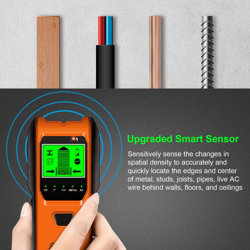 Stud Finder Wall Scanner, 5 in 1 Multifunction Stud Locator with Smart Sensor, HD LCD Display and Audio Alarm for The Center & Edge of Metal, Studs, AC Wire, and Pipe Detection (Tropical Orange) Tropical Orange
