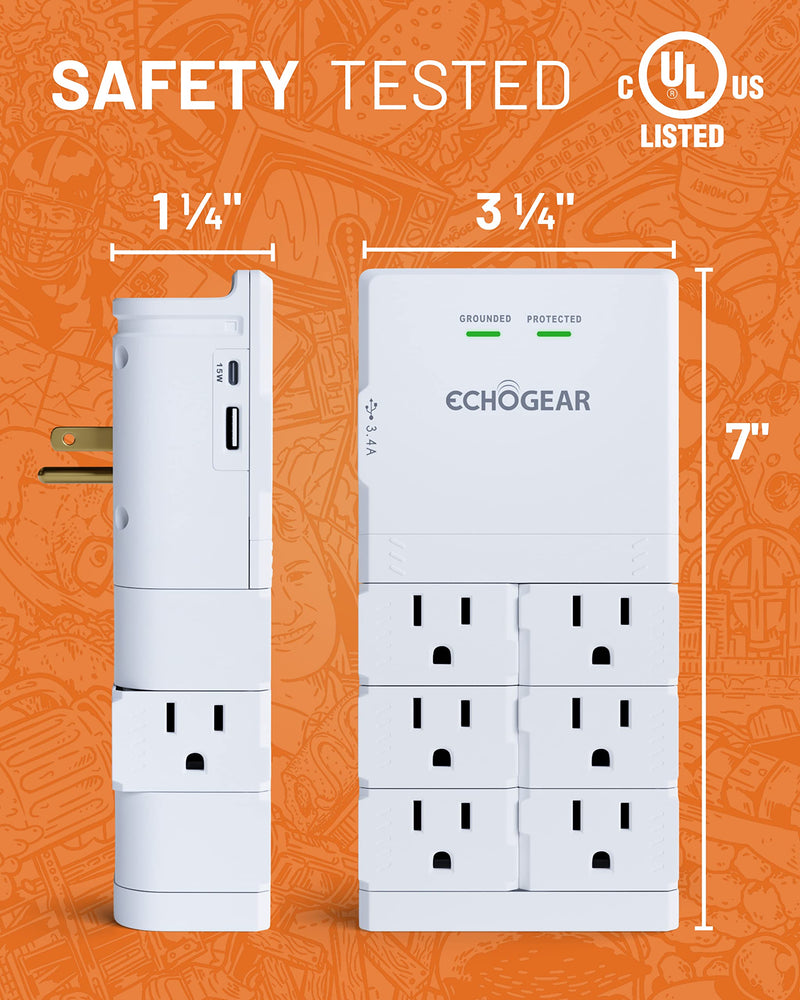 ECHOGEAR Wall Outlet with USB Ports & Surge Protection - Power Protect 8 Devices 6 Rotating AC Plugs 2 Includes 1x USB-C Port USB-A White White With USB-C & USB-A
