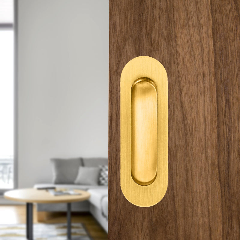 Recessed Door Handle Flush Pull 4.7 Inch Gold Sliding Closet Door Handle Oval Pocket Finger pulls Brushed Stainless Steel (2 Pack) Brushed Gold(2 Pack)