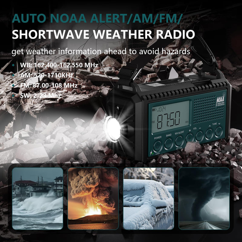 NOAA Emergency Weather Radio with Auto Alerts, 5000mAh Solar Hand Crank AM/FM/SW Shortwave Radio with Flashlight, Reading Lamp, Phone Charger, SOS Alarm, Survival Gear, Time Clock & Large LCD Display Blue LCD 5000mAh