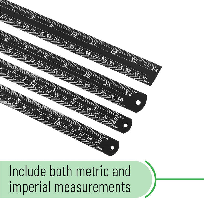Mr. Pen- Stainless Steel Ruler, 4 pcs, 6", 8", 12", 14", Black, Imperial & Metric Measurements, Metric Metal Ruler Set, mm Ruler, Metal Rulers, Small Metal Ruler Metal Straight Edge, Centimeter Ruler 6, 8, 12, 14 inch