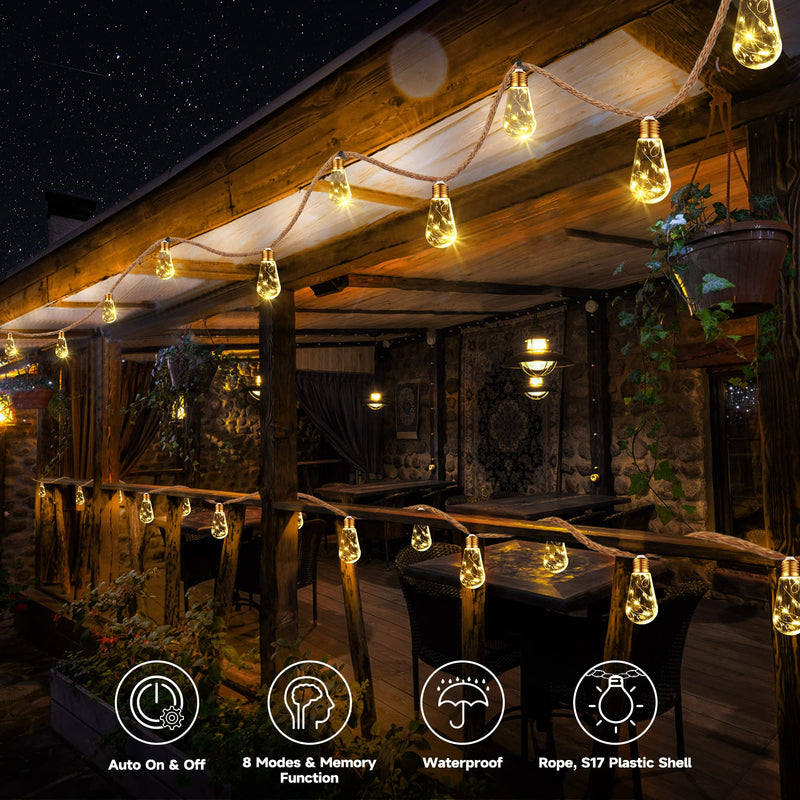 Solar Outdoor String Lights, 2 Pack 20Ft Vintage Rope Hemp Solar Patio Lights, Waterproof Warm White Solar Powered String Lights With 8 Modes 16 Shatterproof Bulbs for Fence Stairs Balcony Café Bistro 40ft