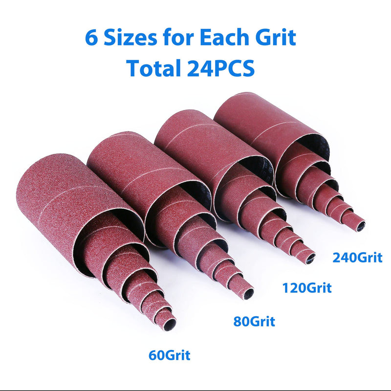 LotFancy Spindle Sander Sleeves, 24PCS Sanding Sleeves for Oscillating Sander, 60 80 120 240 Assorted Grit Sandpaper, 4-1/2” Length, 1/2”, 3/4”, 1”, 1-1/2”, 2”, 3” Diameter 80/120/240Grit,18Pack