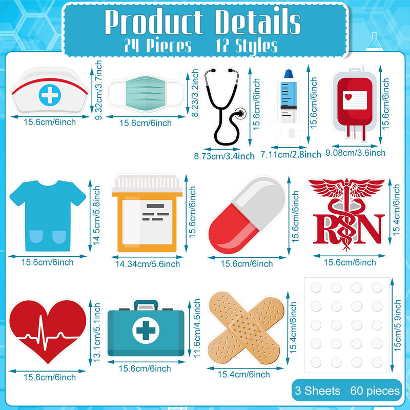 24 Pieces Nurse Party Decoration Nurses Graduation Supplies Decoration Doctors Theme Cutouts Funny Nurse Cut Outs with 60 Pcs Glue Point Nurse Cap Stethoscope Heart Cutouts for Hospital School