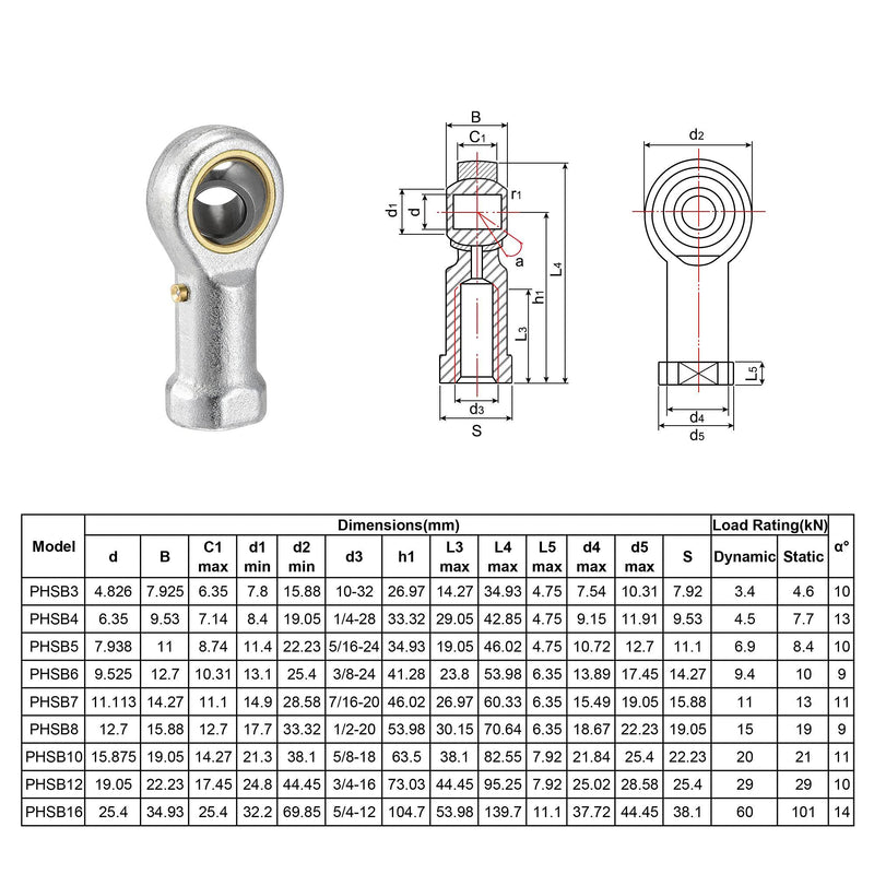 uxcell PHSB6 Rod End Bearings 3/8-inch Bore Pre-Lubricated Bearings 3/8-24 Female Thread Left Hand 2pcs 3/8"