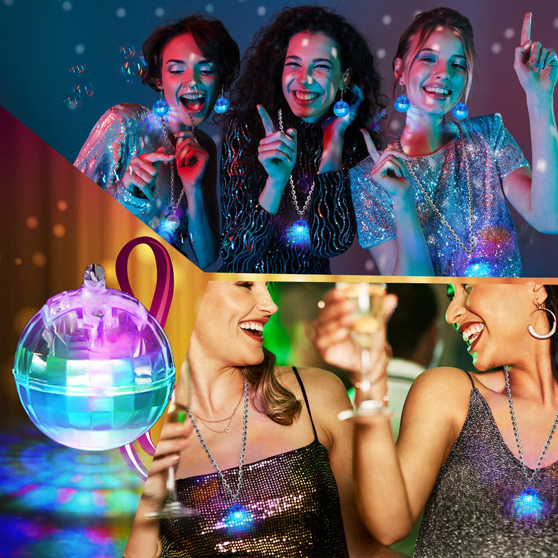 Sasylvia 2 Pcs LED Disco Ball Necklaces Light up Disco Party 70s Necklace And 2 Pairs Light up Disco Ball Earrings Sets for Birthday Disco Party Favor Halloween Christmas Gifts(Multicolor)