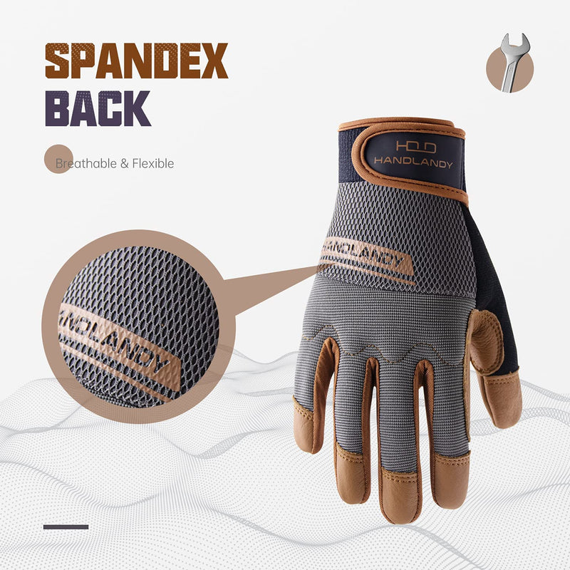 HANDLANDY Leather Work Gloves Mens & Women, Utility Safety Mechanic Working Gloves Touch Screen, Flexible Breathable Yard Work Gloves (Large, Brown-Cowhide Palm, Pack of 3) Large (Pack of 3)