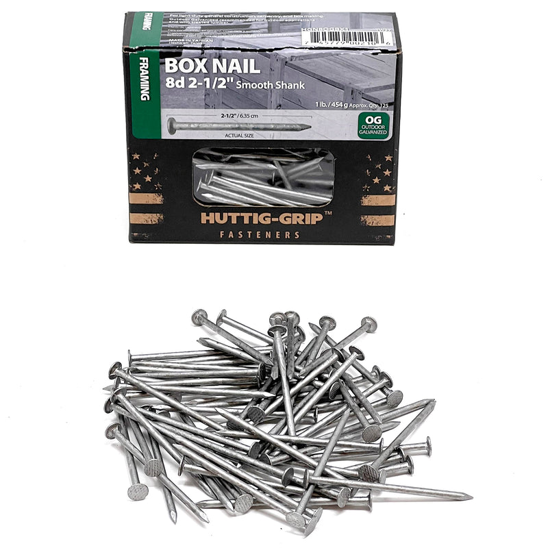 Huttig-Grip 2-1/2 in Framing Box Nails 8d Size, Outdoor Galvanized Finish, 1 lb Pack of 125 Nails 2-1/2 in - 1 lb Pack
