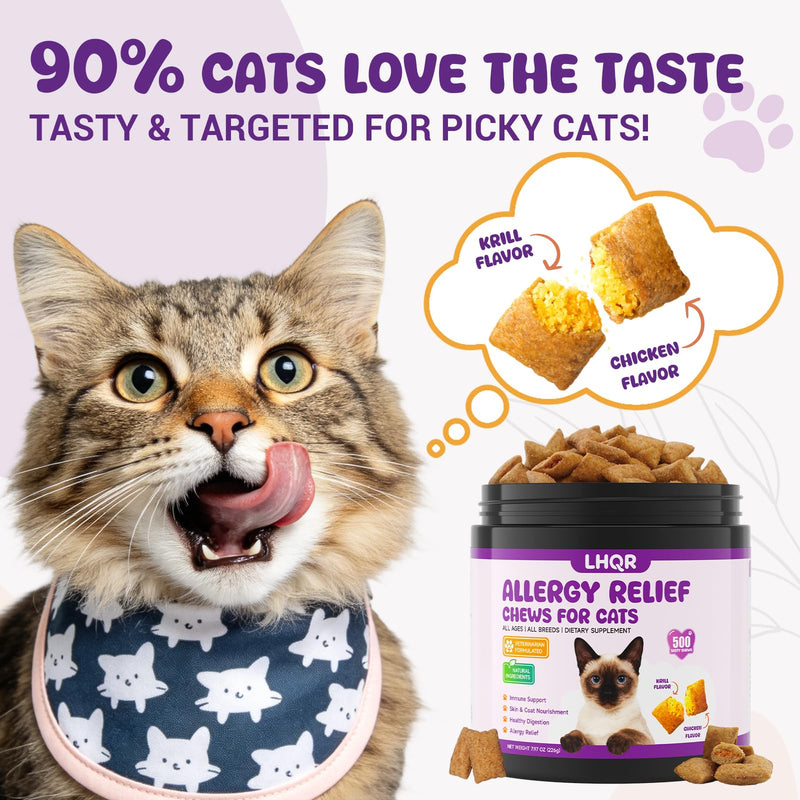 500 Cat Allergy Relief Chews - Itch Relief for Skin Irritation, Paw Licking - Omega 3 & Probiotic for Immune & Skin Coat Support, Natural Supplement for Cats,Chicken