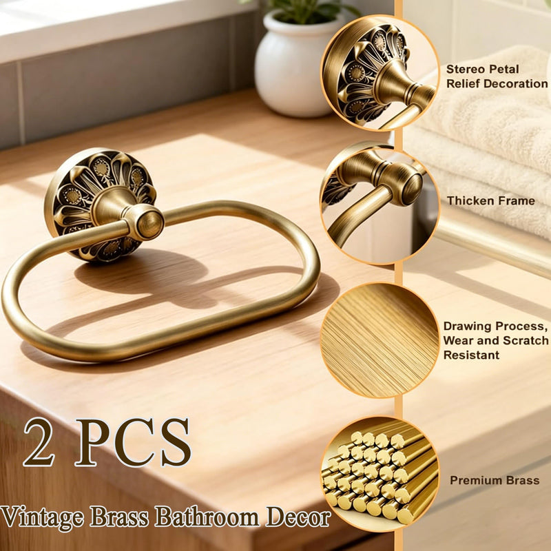 Antique Brass Toilet Paper Holder with Hand Towel Ring Set, 2PCS Wall Mounted Vintage Bathroom Hardware, Retro Tissue Roll Holder and 180° Rotating Towel Bar for Bathroom Kitchen (Rectangle)