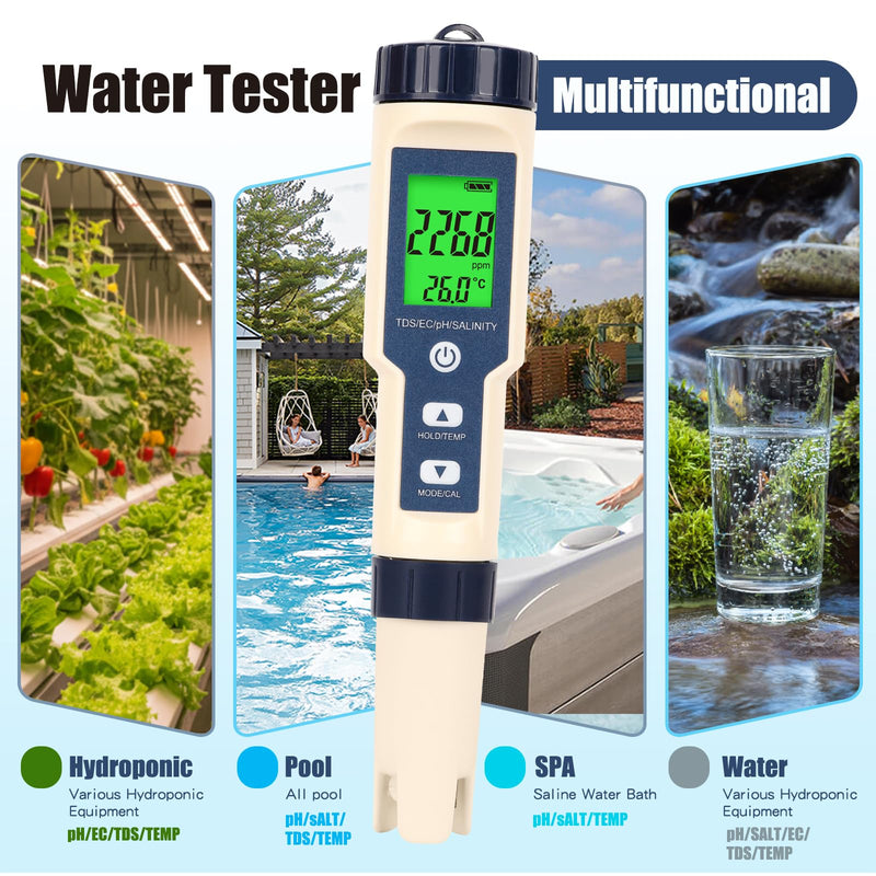 Pool Salinity Tester & pH Meter,Digital 5-in-1 Water Meter (Salt, pH, Temp, EC and TDS) -High Accuracy, Suitable for Swimming Pools, Hot Tubs, Aquariums,Hydroponics and Drinking Water