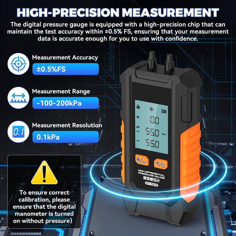 Manometer Gas Pressure Tester -101 to 200KPa Mini Dual-Port Digital Manometer HVAC with 6 Measurement Units(PSI/kPa/mbar/bar/inHg/mmHg) Manometer Lp Gas Pressure Tester Auto Calibration Monometer 2.2in×1.2in×4.9in