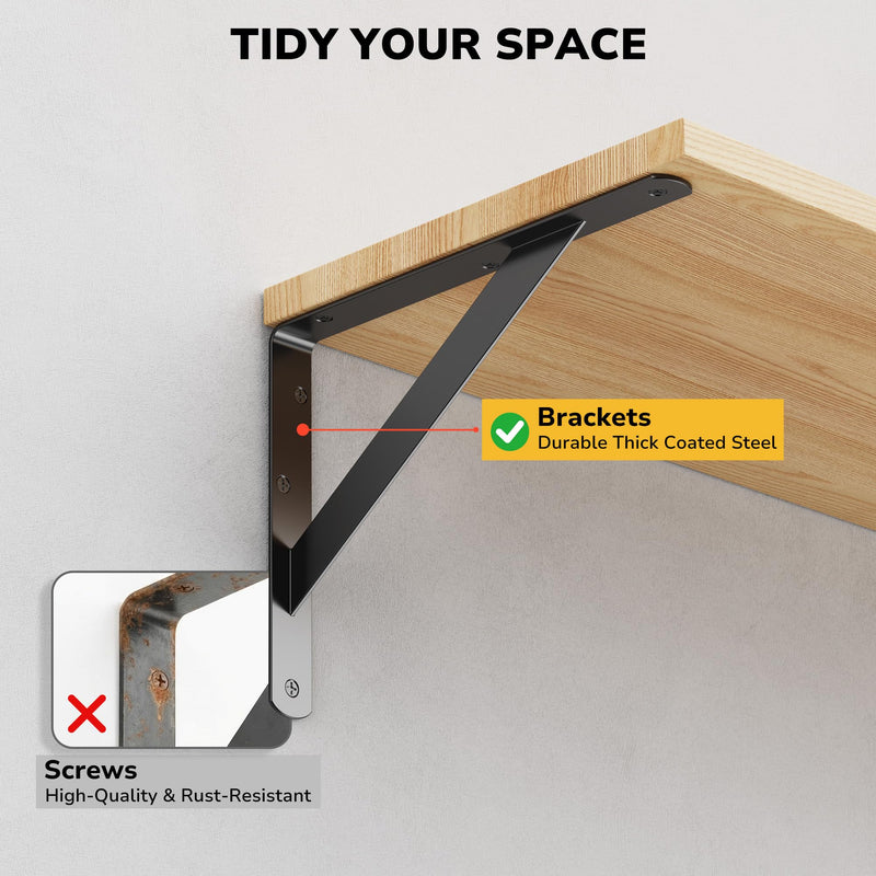 12 Pack 8 Inch Heavy Duty Shelf Bracket, Wall Shelf L Brackets for Floating Shelves, 250 LBS Max Load, Mounting Hardware Include, Black 8 Inch x 6 Inch 12