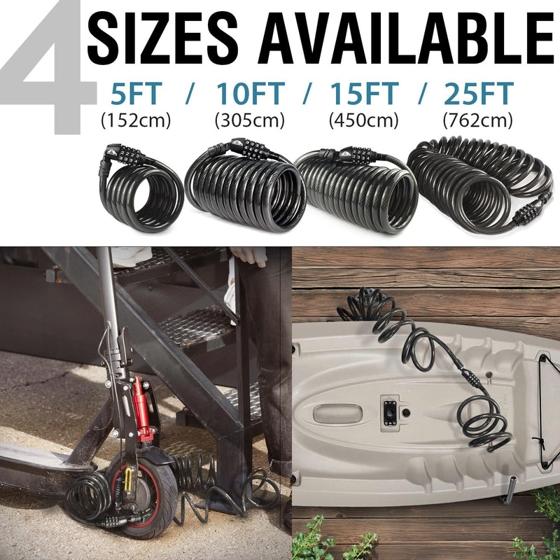 MARQUE Combination Bike Lock Cable- 3/8 inch (5FT, 10FT, 15FT, 25FT) Resettable Combination Lock, Anti-Theft Coiled Secutiry Cable for Bicycles, Kayaks, Paddle Boards, Gates and Outdoor Gear (10 FT) 10 FT