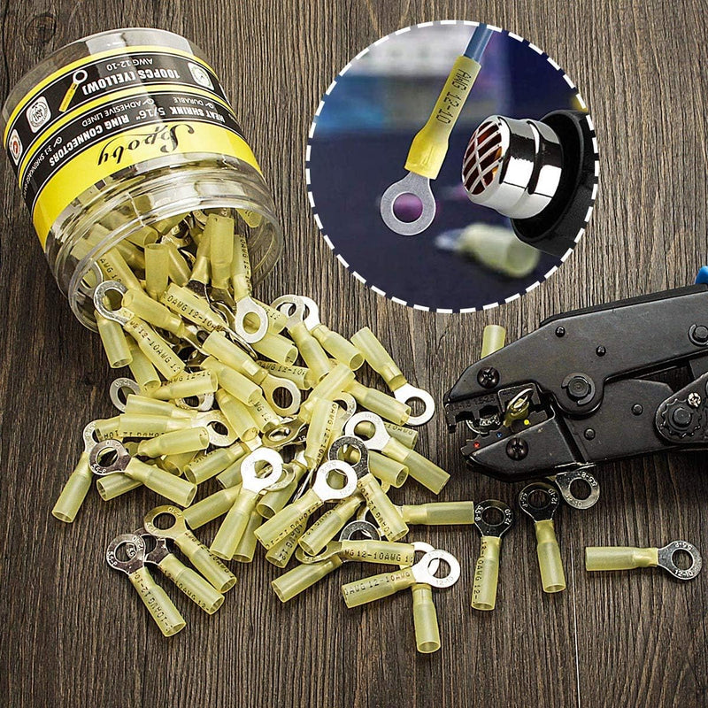 100PCS Heat Shrink Crimp Ring Connectors 5/16" Yellow 12-10 AWG - Sopoby Heat Shrink Connectors - Electrical Connectors - Automotive Marine Ring Connectors 100 Ring Connectors 5/16"