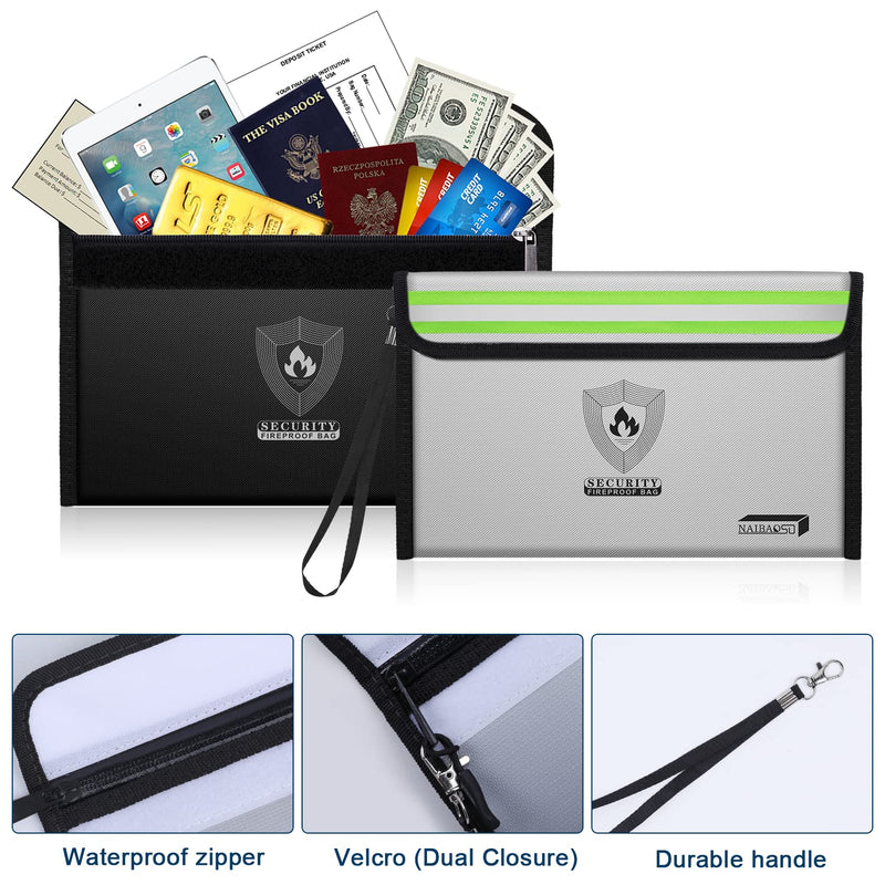Small Fireproof Money Bag (8.6 x 6.3 inches) with Reflective Strip, featuring a metal zipper and strap. Ideal for storing cash, passports, and valuables. Available in a 2-pack. Upgraded