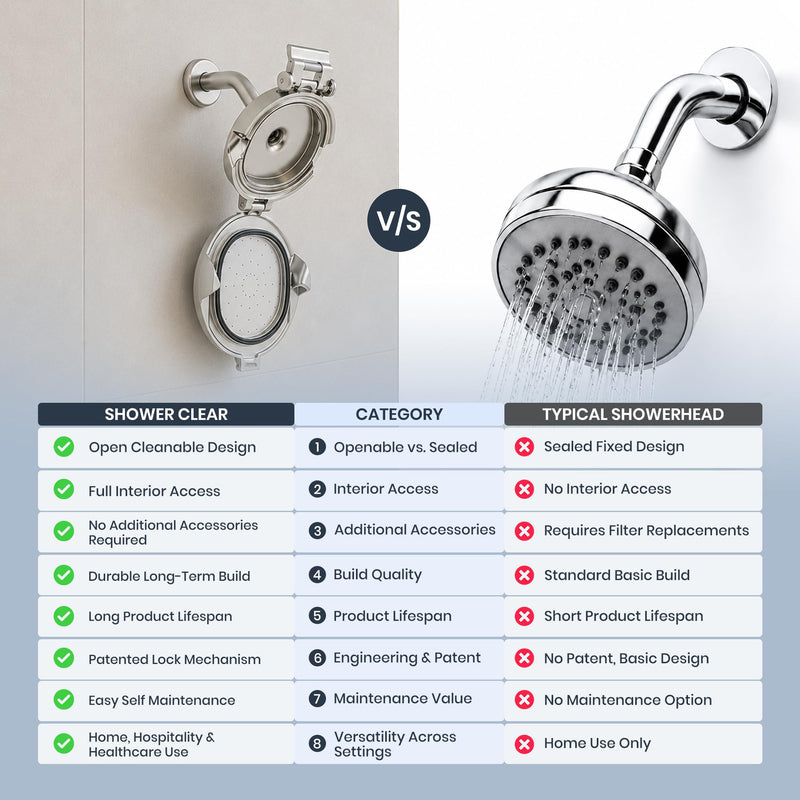 Patented Open Clean Design Shower Head - The World’s Only Cleanable Shower Head to Reduce Moisture & Buildup, High Pressure Flow, Universal Fit - Chrome - 5.5 inches