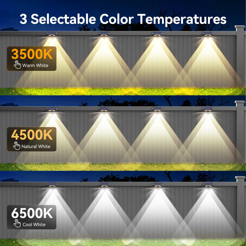 TECKNET Solar Fence Lights Outdoor 12 Pack, 3 Modes - Warm/Neutral/Cool White, IP66 Waterproof Solar Lights for Fence with 2 High Brightness LED, Outside lighting Decor for Patio Wall Railing Backyard 3500/4500/6500K