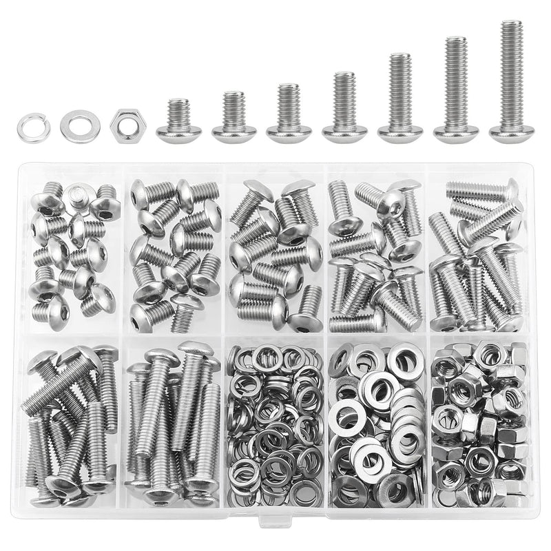 240 Pieces M5 x 6mm /8mm /10mm /12mm /16mm /20mm /25mm, Button Head Socket Cap Screws Bolts Washers Nuts Kit, 304 Stainless Steel