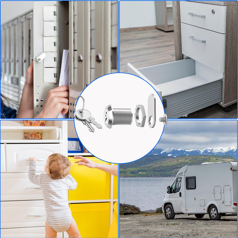 8 Pack Cabinet Locks with Key, 5/8" Cam Lock Keyed Alike, RV Locks for Storage Door Secure Files Drawers Toolbox Mailbox RV Door, Zinc Alloy 8 Pack 5/8 Inch Silver