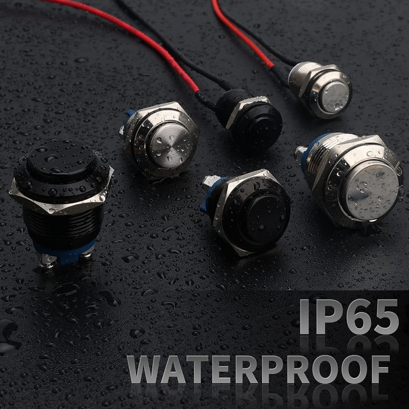STARELO 5pcs 12mm Momentary Push Button Switch Black Shell with pre-Wiring, IP65 Waterproof Push Button Switch,Aluminum Alloy 1 Normally Open Without LED. 12mm Black Shell