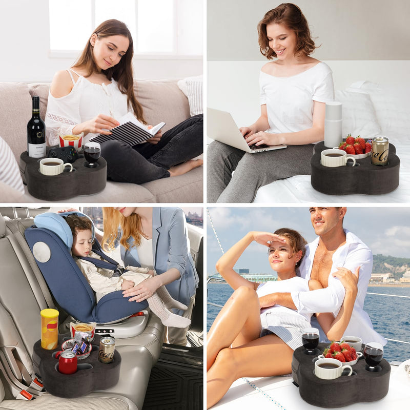 Couch Cup Holder Pillow, Sofa Organizer Caddy Bed Refreshment Tray for Drinks, Remotes, Phones, Snacks (Soot) 12*12*3.7 Inch Soot