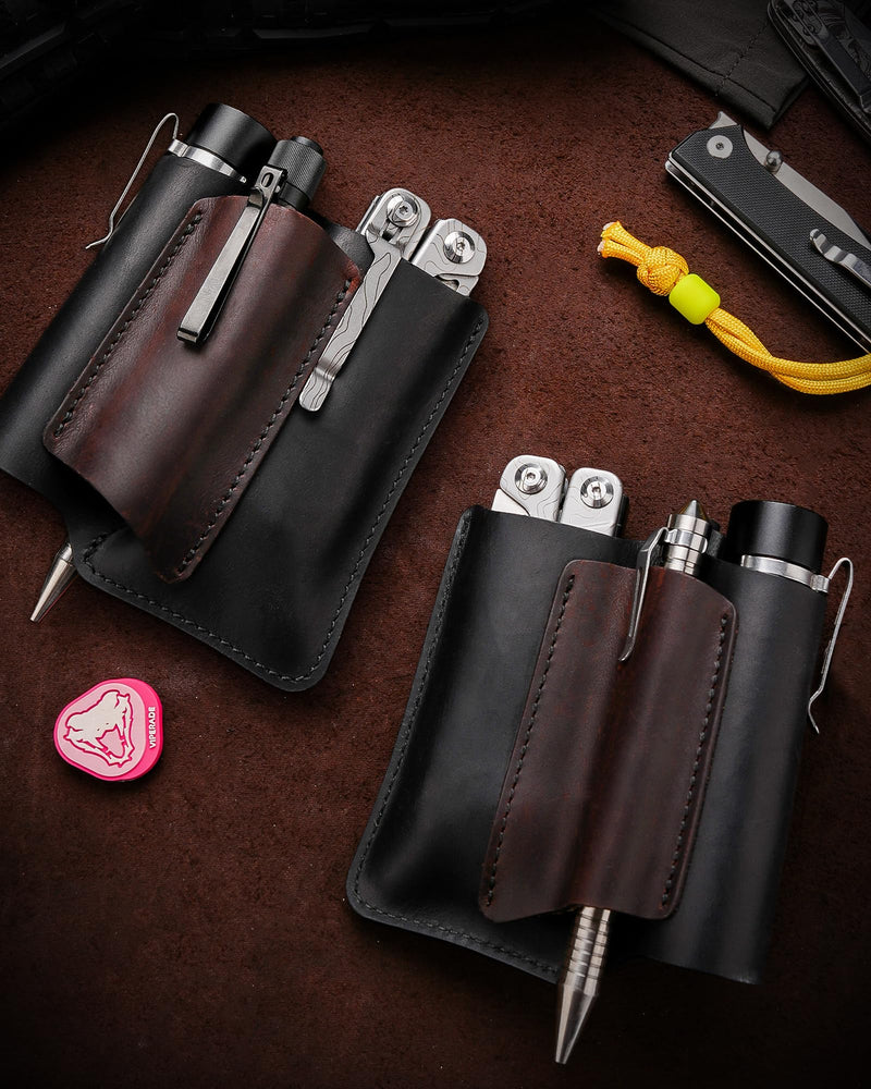VIPERAED PJ38 Leather Multitool Sheath for Men, 4-in-1 Utility Leather Holster, EDC Pocket Organizer for Pocket Knife Multitool Flashlight and Pen Medium