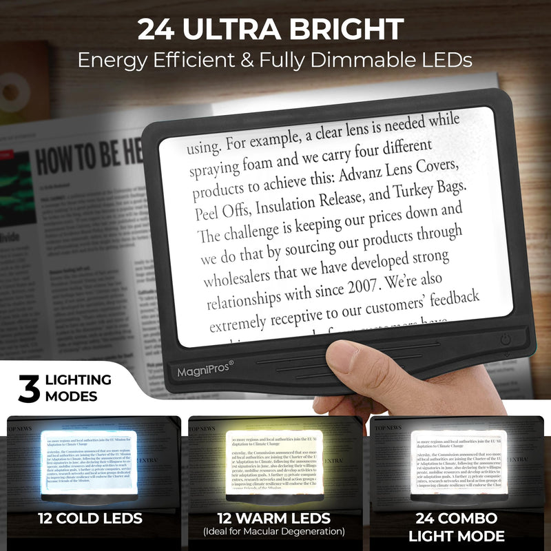MAGNIPROS 5X Large LED Page Magnifier for Reading Magnifying Glass Reader with 3 Color Lighting Modes & Anti-Glare Lens to Reduce Eye Strain-Perfect for Fine Print, Aging Eyes, Low Vision and Seniors Black