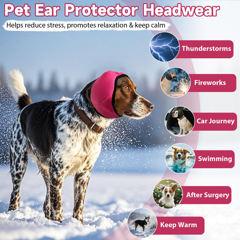 Dog Calming Hoodie Quiet Ear Cover for Noise Protection Anxiety Relief Ear Muffs, No Shake Ear Wraps for Dogs, Waterproof Swim Cap Bath Blow Dry Headband Wraps for Ear Hematoma Groom Fireworks(M,rose) Rose Red Medium(Head Circle:14"-19")