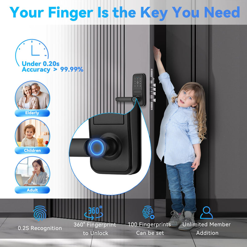 Keypad Smart Door Lock with Handle, QWUE Keyless Entry Smart Lock for Front Door, 5-in-1 Smart Unlock Solution, APP Control, Anti-Peep Keypad Code, Easy Installation and Waterproof Design
