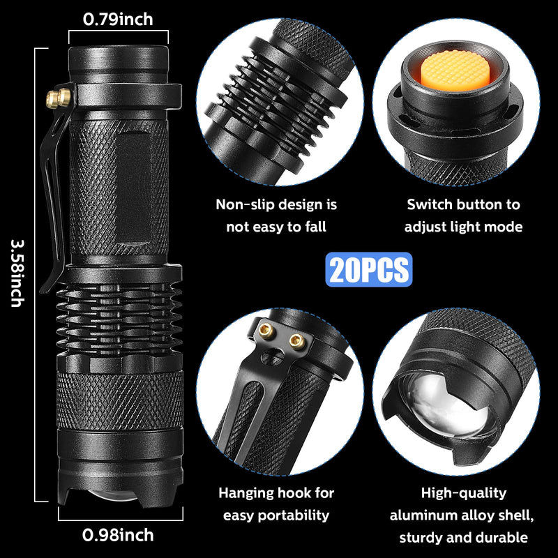Fumete 20 Pieces LED Flashlight Mini 3 Mode Tactical Torch Small Water Resistant Pocket Flash Light Adjustable Focus Light Pen for Men, Father, Indoor Outdoor Hiking(Black) Black