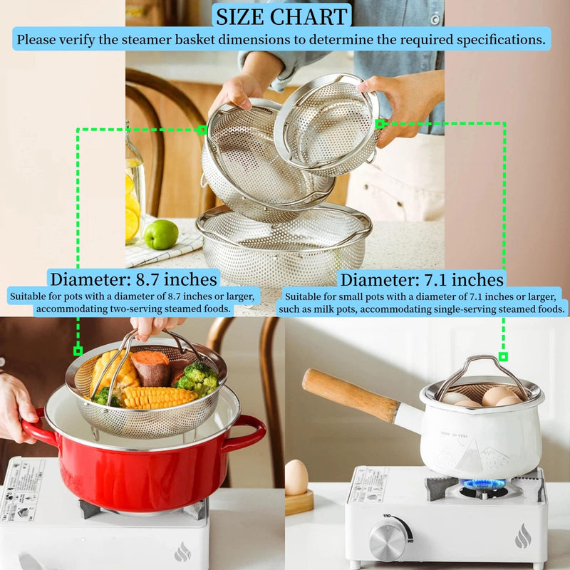 8.7 Inch Stainless Steel Steamer Basket for Pot - Heavy Duty Mesh Food Steamer Insert with Handle & Stable Feet - Multipurpose Rice Washer, Colander & Fruit Strainer - Fits 6 & 8 Qt Pressure Cookers