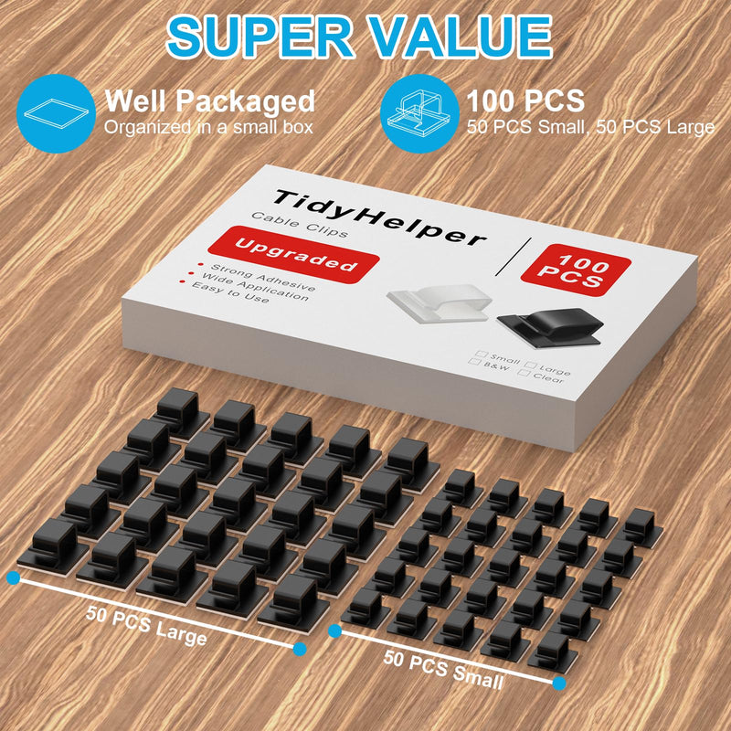 100 PCS Adhesive Cable Clips Black (Small & Large), Upgraded Wire Holder for Wall Cord Organizer Cable Management Under Desk, Outdoor Light Clips Hooks for LED, Car Dash Cam, HDMI, Extension Cord Small&Large