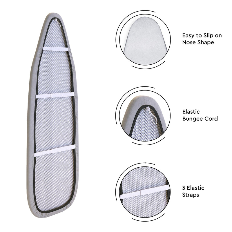 Encasa Homes Metallised Ironing Board Cover 'Silver Super Luxury' with Foam + Felt PAD (Fits Large Boards 54"x15") Heat Reflective, Scorch Resistant, Bungee Elasticated, 3 Fasteners Silver Luxury