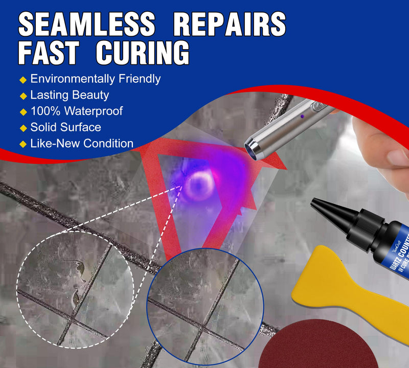 Quartz Countertop Repair Kit - 4×20g Repair Glue (Clear,White,Gray,Beige) - 30s UV Fast Curing with Gloss Varnish | DIY Fixes Chips,Cracks, Scratches on Marble,Granite, Acrylic, Porcelain, Fiberglass