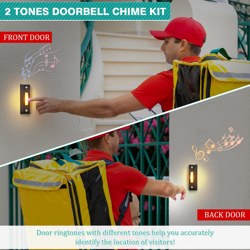Wired Doorbell Chime with 2 Lighted Push Buttons, 16V 10VA Two Sounds Front and Rear Door Chime Kit for Home Wall Inside, Compatible with Most Brand Doorbells (Black, White, Yellow) Black, White, Yellow