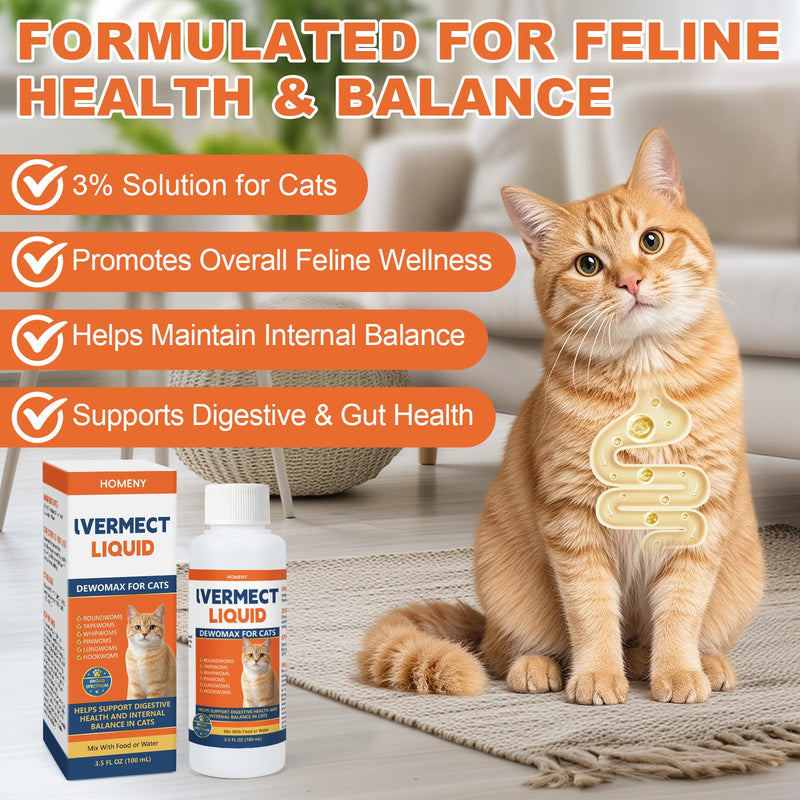lvermect Liquid Dewomax for Cats, Daily Digestive Balance Support, Helps Maintain Digestive Comfort & Internal Balance, for Kittens & Adult Cats, Easy-to-Administer Drops, 100mL