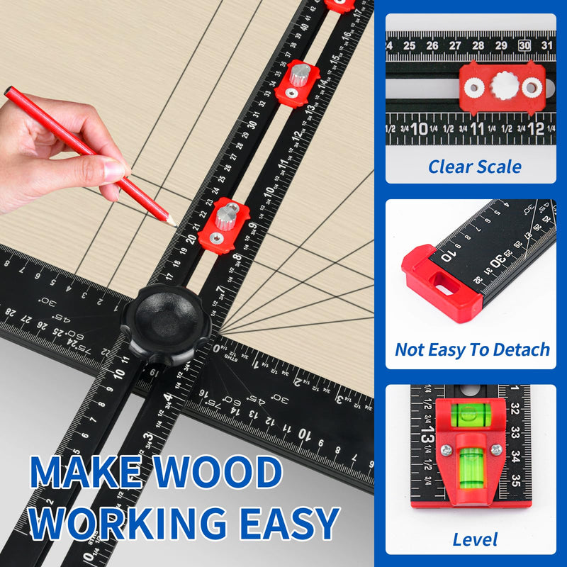 4-in-1 Drilling Positioning Ruler, Multi-Function T-Square，Adjustable 14 inches/35 cm, Woodworking Marking Tool, Cabinet Hole Drilling Template for Precise Drilling Angle Measurement and Marking