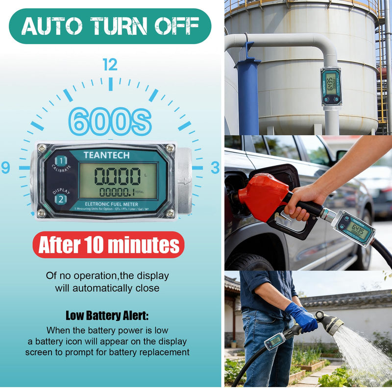 1Pack 1 in Digital Turbine Fuel Flow Meter with 3/4 in Adapters, High Accuracy Diesel Flow Meter with NPT Counter, Digital LCD with 5 Units, Auto Shut Off, for Gasoline/Kerosene/Water 1 inch & 3/4 inch Green