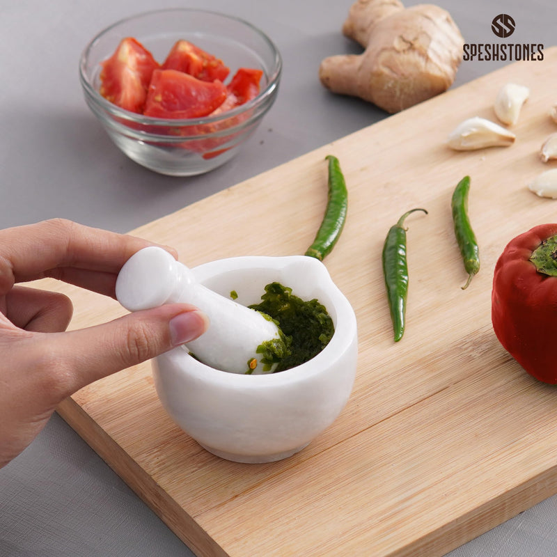 Marble Mortar and Pestle Set Handmade 3 Inch White Stone Pill Crusher Fine Powder - Spice Grinder Manual for Kitchen Decor, Herb Grinding Bowl & Small Garlic Crusher